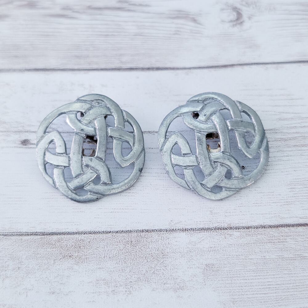Vintage Clip On Earrings Silver Tone Celtic Knot Pewter? Large - Fair Condition